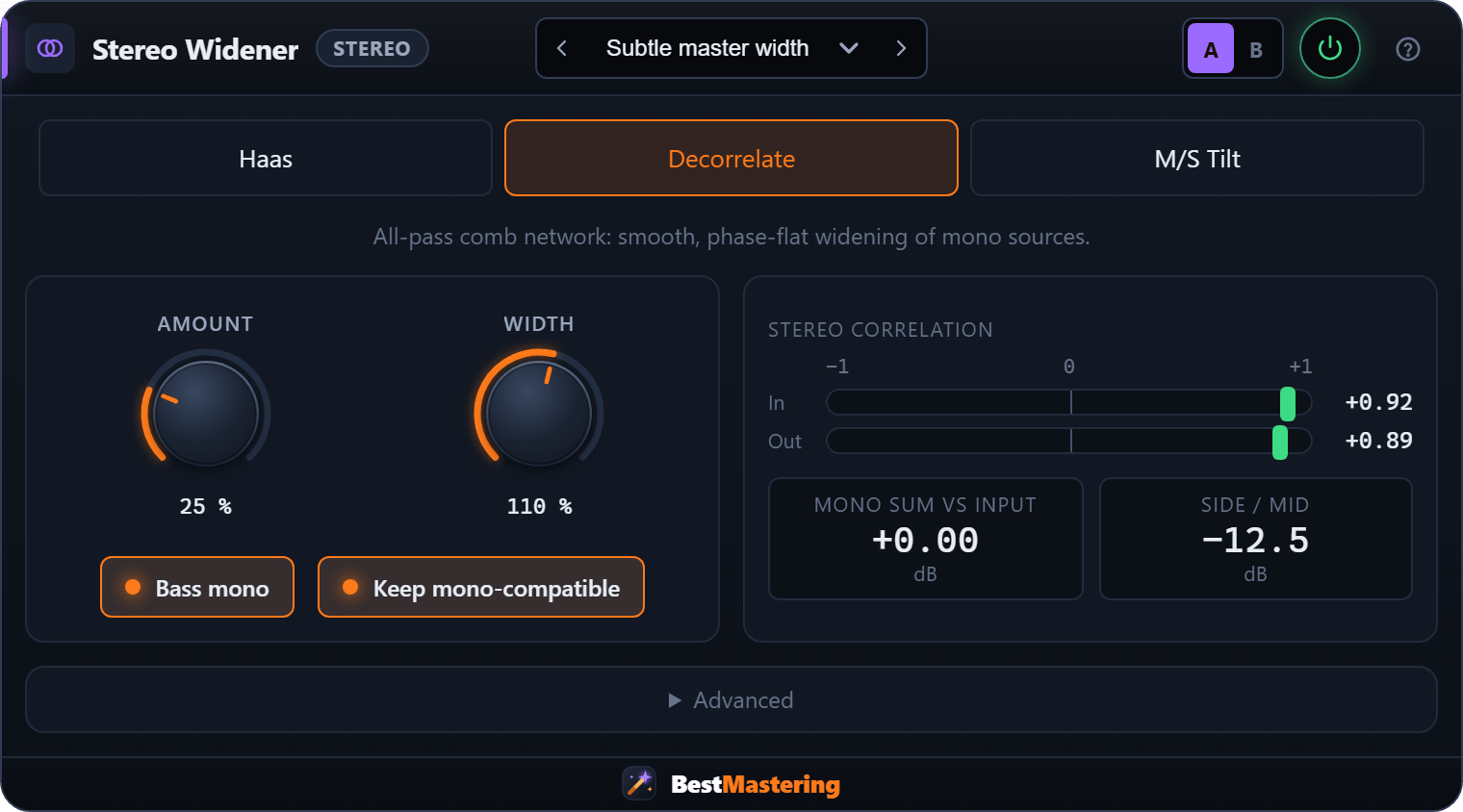 Stereo Widener plugin interface